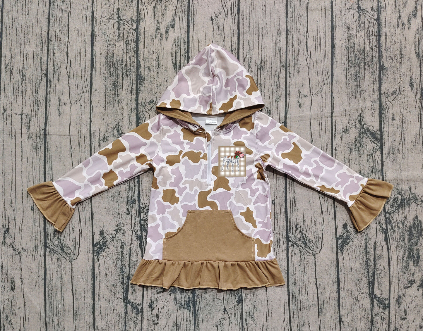 preorder GT1134 Embroidered Duck Hunting Light Brown Ruffle Hooded Long Sleeve Girls Top 202508