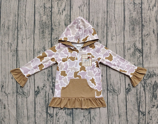 GT1134 Embroidered Duck Hunting Light Brown Ruffle Hooded Long Sleeve Girls Top 202510 RTS