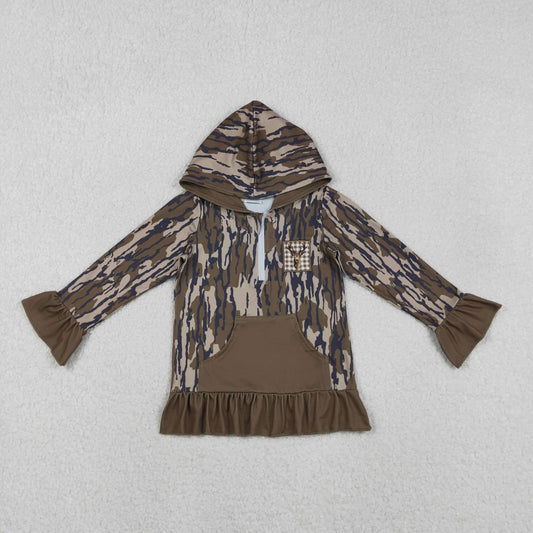GT1135 Embroidered Deer Hunting Army Green Ruffle Hooded Long Sleeve Girls Top 202511 RTS