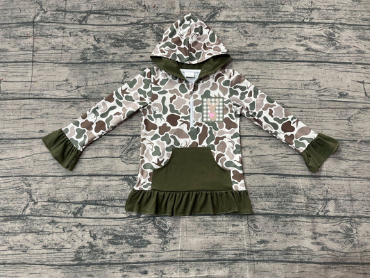 NO MOQ preorder GT1136 Embroidered Puppy Duck Hunting Gray Green Ruffle Hooded Long Sleeve Girls Top 202511