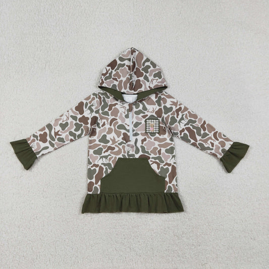 GT1136 Embroidered Puppy Duck Hunting Gray Green Ruffle Hooded Long Sleeve Girls Top 202512 RTS