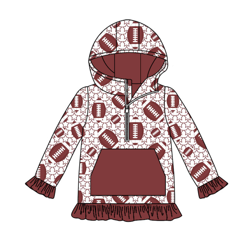 Preorder GT1138 Rugby Star Red Brown Ruffle Hooded Long Sleeve Girls Tops 202507