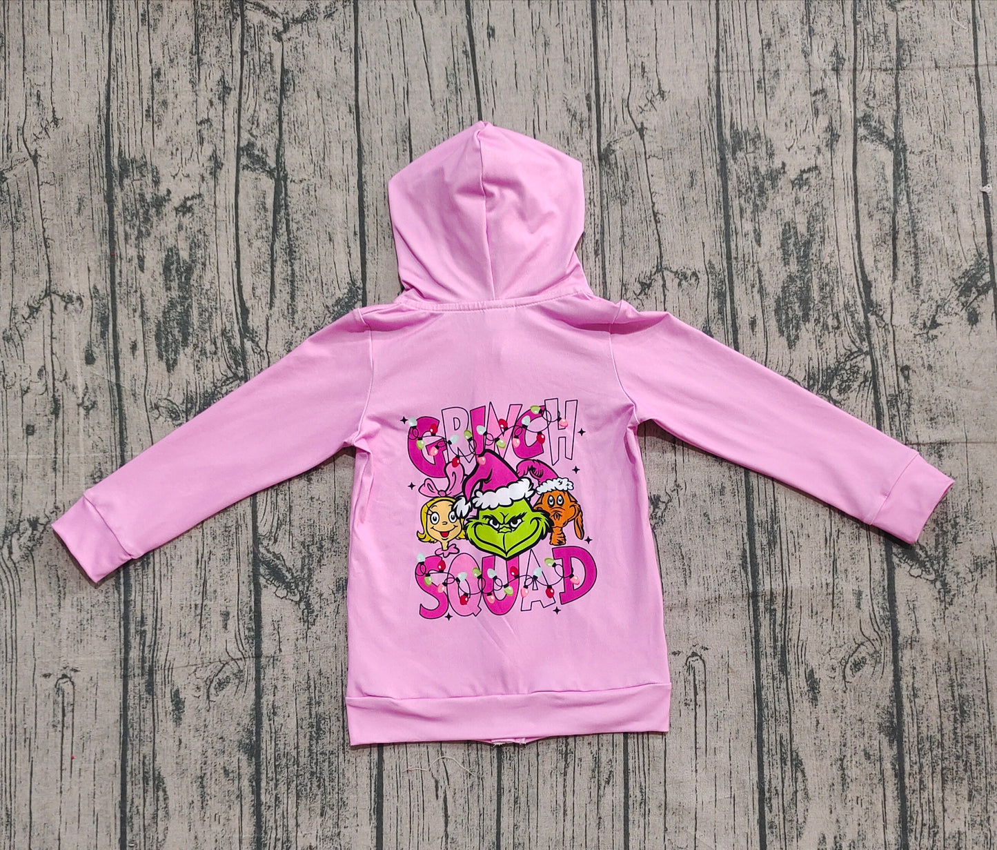 NO MOQ Preorder GT1142-XS-3XL Christmas Grinch Purple Hooded Zippy Long Sleeve Girls Tops 202509