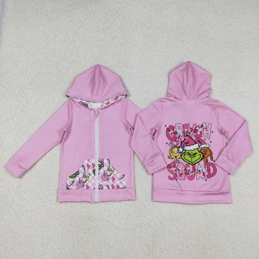 GT1142-XS-3XL Christmas Grinch Purple Hooded Zippy Long Sleeve Girls Tops 202510 RTS