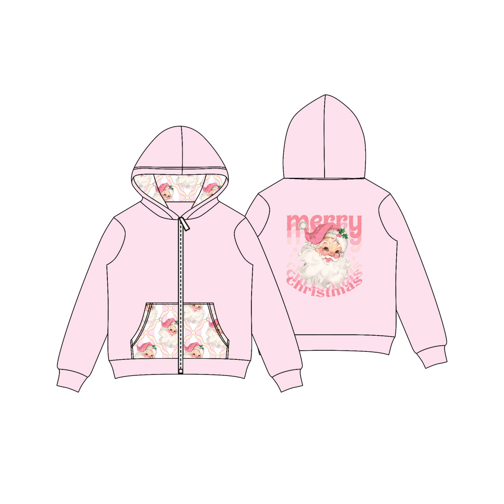 Preorder GT1143 Christmas Claus Pink Hooded Zippy Long Sleeve Girls Tops 202508