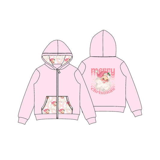 Preorder GT1143 Christmas Claus Pink Hooded Zippy Long Sleeve Girls Tops 202508