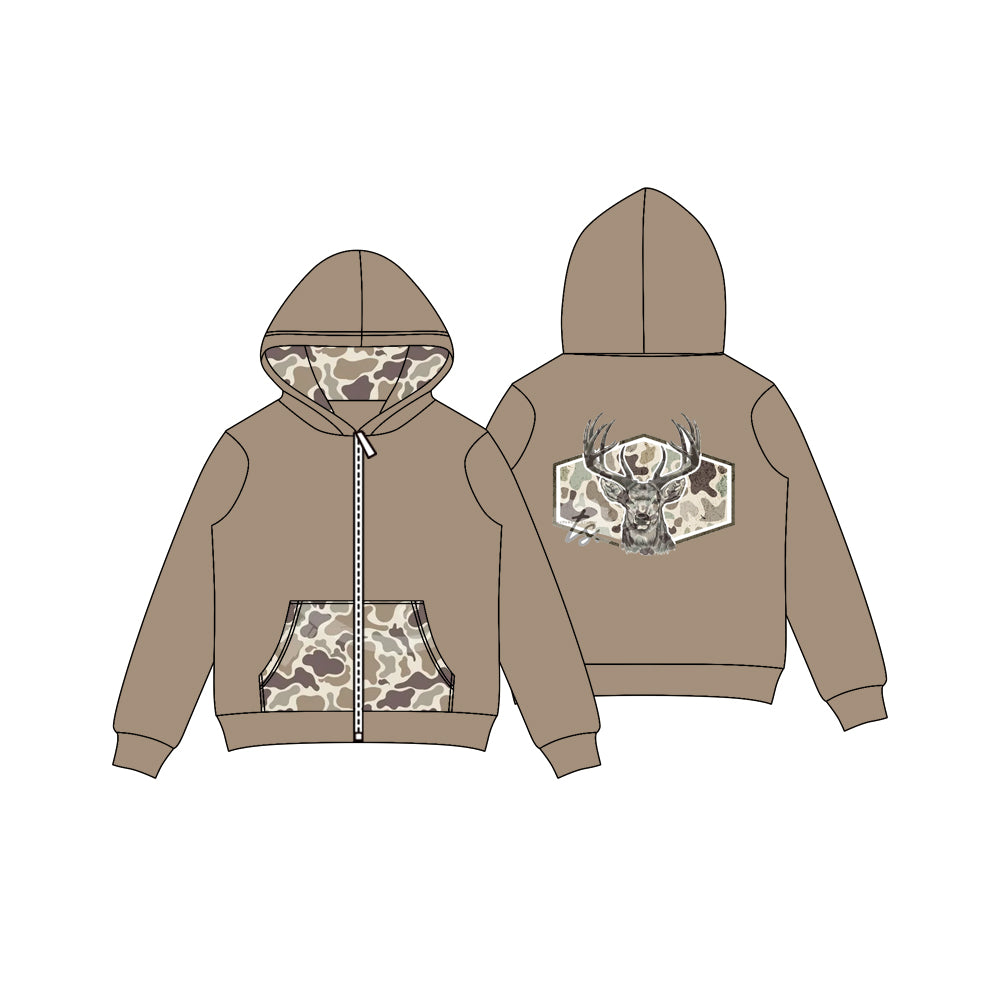 Preorder GT1144 Christmas Deer Brown Hooded Zippy Long Sleeve Girls Tops 202508