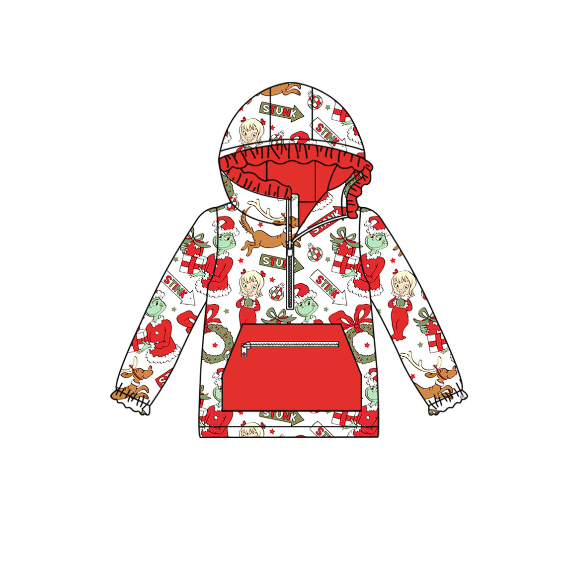 Preorder GT1146 Christmas Grinch Red White Hooded Zippy Long Sleeve Girls Tops 202508