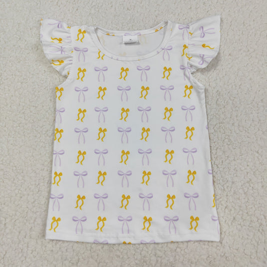 GT1147 Yellow Purple Bows White Flying Sleeve Girls Shirts 202508 RTS
