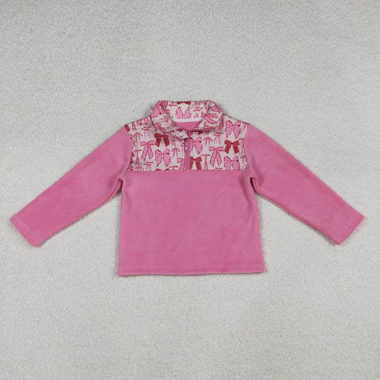 GT1149 Bows Pattern Pink Plush Zippy Collar Long Sleeve Girls Tops 202509 RTS