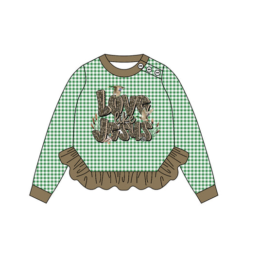 Preorder GT1153 Duck Hunting Camo Green Plaid Ruffle Long Sleeve Girls Tops 202508