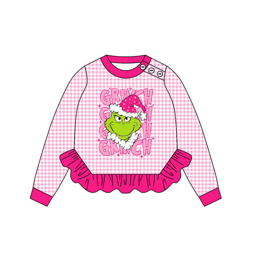 Preorder GT1154 Christmas Grinch Rose Red Ruffle Plaid Long Sleeve Girls Tops 202508