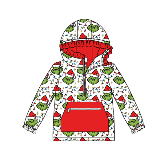 Preorder GT1163 Christmas Grinch Hooded Red Ruffle Long Sleeve Girls Tops 202508