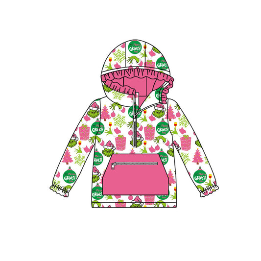 Preorder GT1164 Christmas Grinch Hooded Rose Red Ruffle Long Sleeve Girls Tops 202508