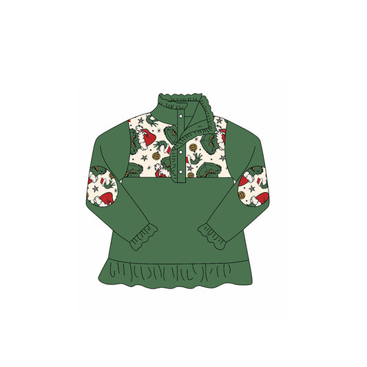 preorder GT1167 Christmas Grinch Green Button Collar Ruffle Long Sleeve Girls Top 202508 Sibling