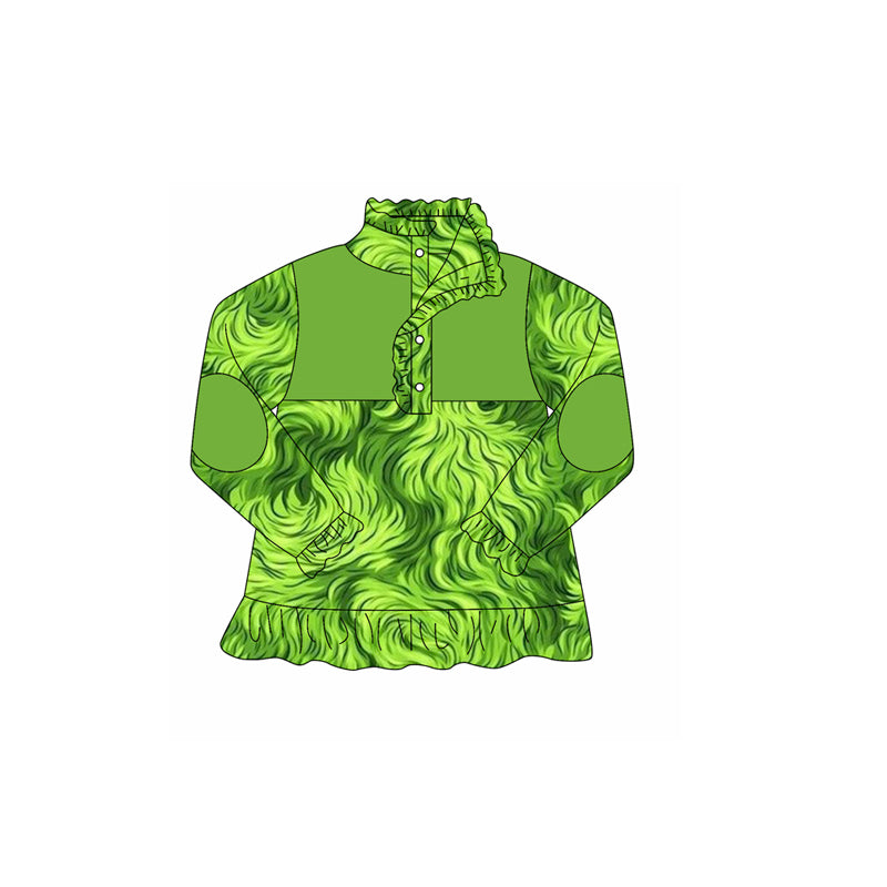 preorder GT1168 Christmas Grinch Fur Green Button Collar Ruffle Long Sleeve Girls Top 202508 Sibling