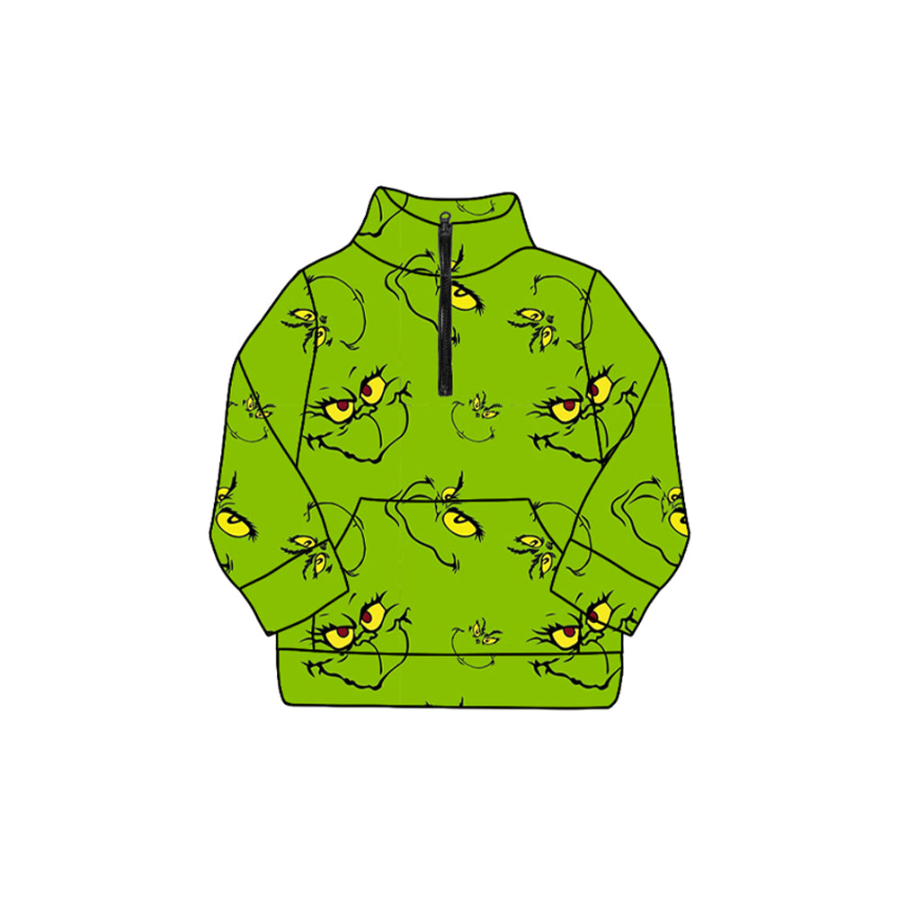 Preorder GT1170 Christmas Grinch Green Zipper Collar Long Sleeve Girls Tops 202508