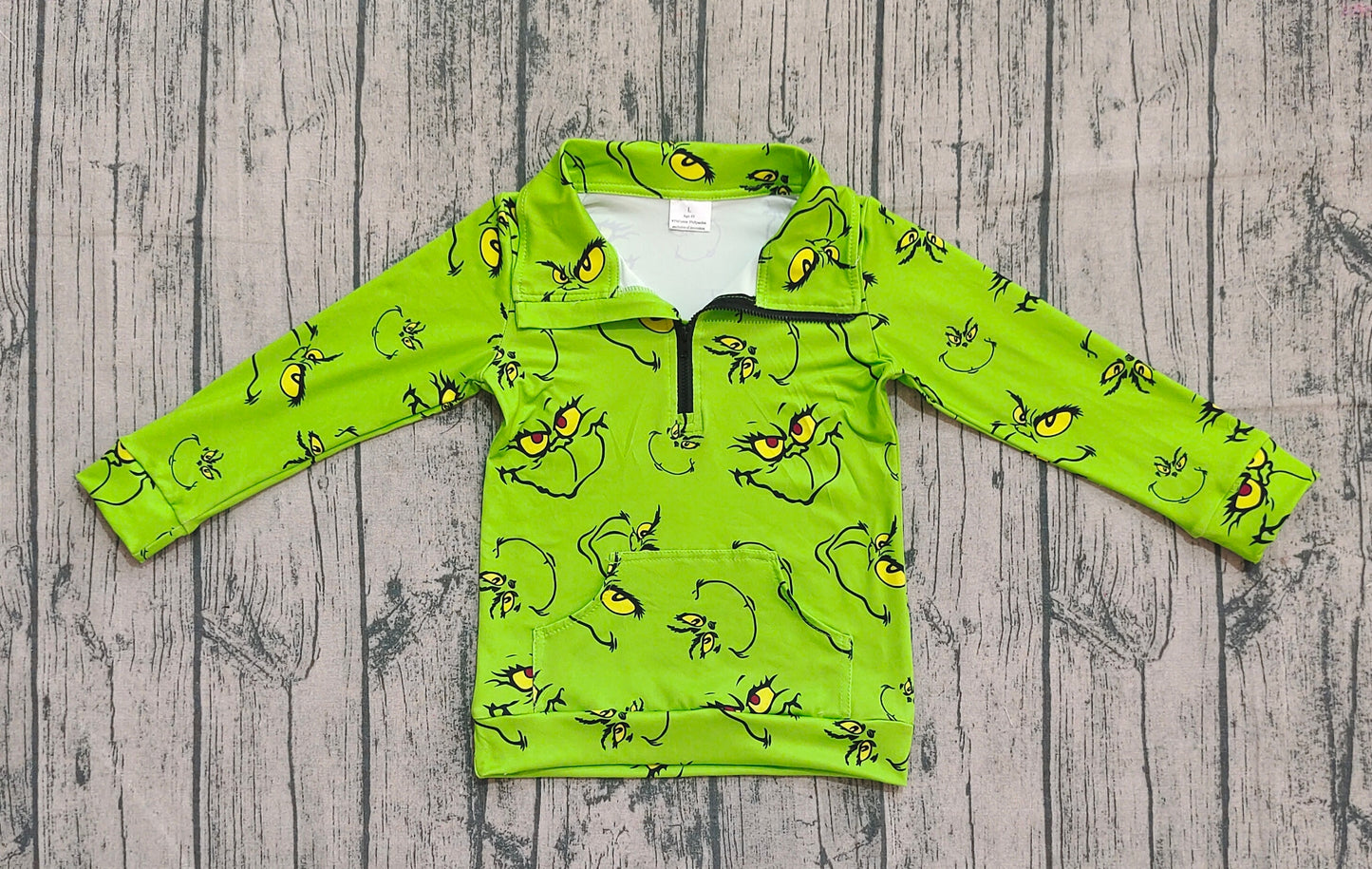 NO MOQ Preorder GT1170 Christmas Grinch Green Zipper Collar Long Sleeve Girls Tops 202508