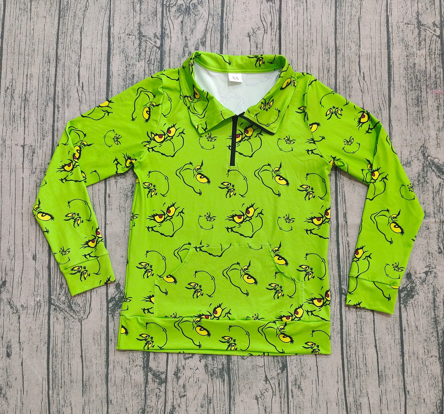 NO MOQ GT1173 preorder Adult female Christmas Grinch Green Zipper Collar Long Sleeve Top 202508