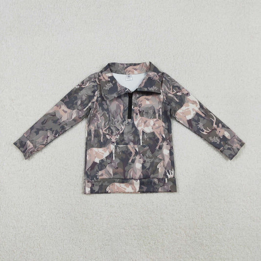 GT1180 Girls Boutique Deer Hunting Gray Green Yoga Zip-Up Collar Long Sleeve Top 202510 RTS