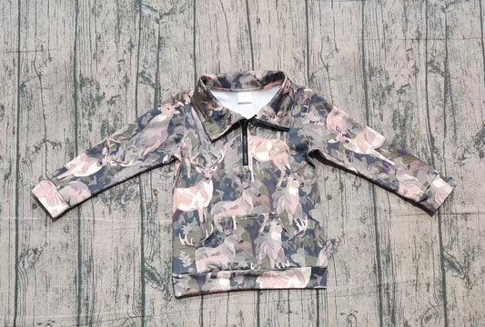 NO MOQ preorder GT1180 Girls Boutique Deer Hunting Gray Green Yoga Zip-Up Collar Long Sleeve Top 202510