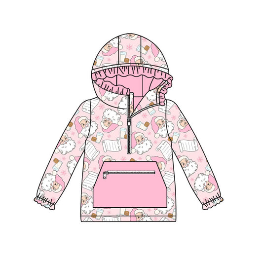 Preorder GT1181 Christmas Pink Ruffle Zipper Collar Hooded Long Sleeve Girls Tops 202508