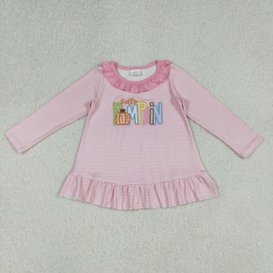 GT1183 Embroidered Pumpkin Pink Ruffle Long Sleeve Girls Tops 202510 RTS