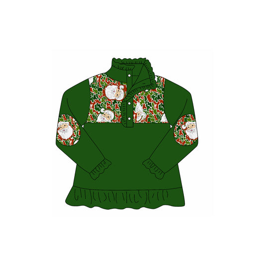 Preorder GT1184 Christmas Dark Green Button Collar Ruffle Long Sleeve Girls Tops 202508