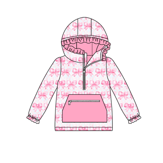 MOQ 8 Preorder GT1193 Pocket Bows Pink Ruffle Zip up Collar Hooded Long Sleeve Girls Tops 202508