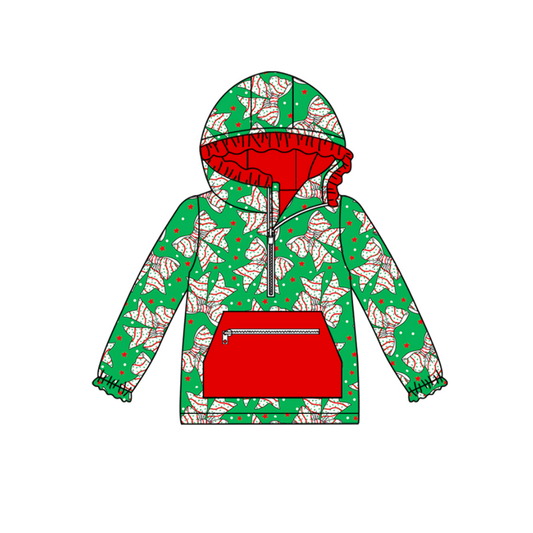 MOQ 8 Preorder GT1194 Christmas Pocket Bows Star Red Ruffle Zip up Collar Green Hooded Long Sleeve Girls Tops 202508
