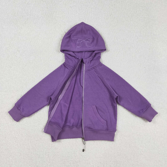 Free Shipping Over $100 GT1202 Embroidered Bows Purple Zip up Collar Long Sleeve Girls Autumn Winter Tops