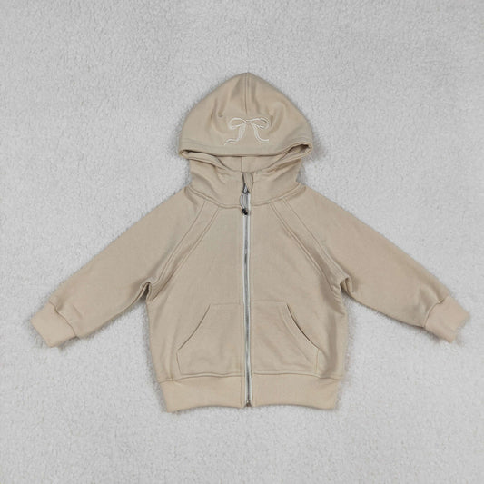 Free Shipping Over $100 GT1203 Embroidered Bows Khaki Zip up Collar Long Sleeve Girls Autumn Winter Tops