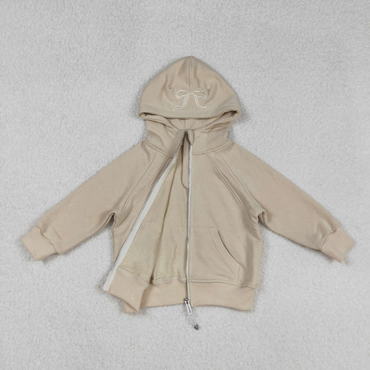 Free Shipping Over $100 GT1203 Embroidered Bows Khaki Zip up Collar Long Sleeve Girls Autumn Winter Tops