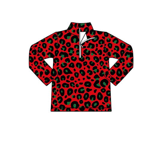 MOQ 8 Preorder GT1215 Leopard Red Zip up Collar Long Sleeve Girls Yoga Tops 202509