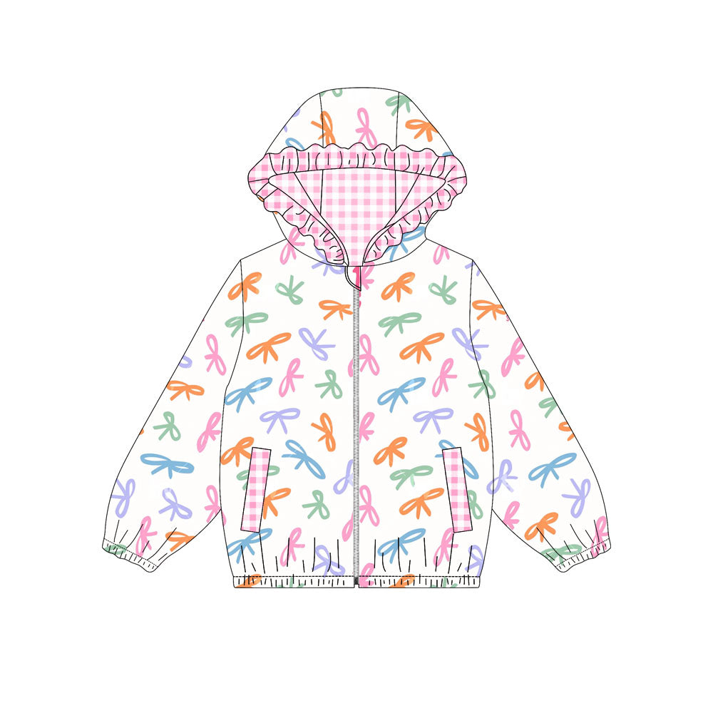 MOQ 8 preorder GT1216 Colored Bows Pattern Pink Plaid Ruffle Zippy Hooded Long Sleeve Girls Top 202509