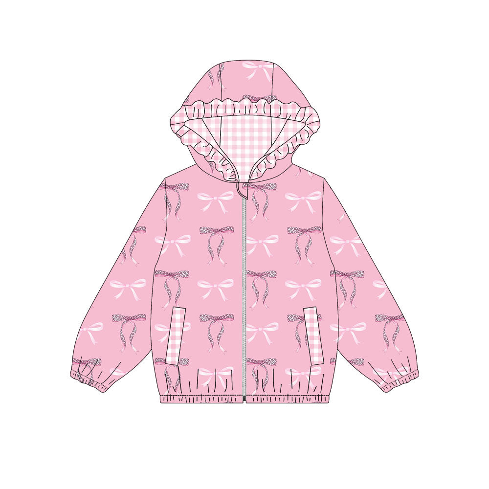MOQ 8 preorder GT1217 Pink Bows Pattern Plaid Ruffle Zippy Hooded Long Sleeve Girls Top 202509
