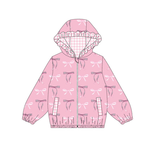 MOQ 8 preorder GT1217 Pink Bows Pattern Plaid Ruffle Zippy Hooded Long Sleeve Girls Top 202509