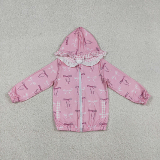 GT1217 Pink Bows Pattern Plaid Ruffle Zippy Hooded Long Sleeve Girls Top 202512 RTS