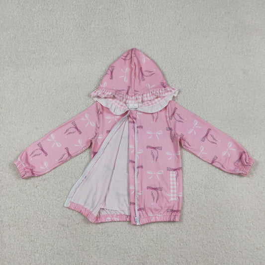 GT1217 Pink Bows Pattern Plaid Ruffle Zippy Hooded Long Sleeve Girls Top 202512 RTS
