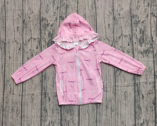 NO MOQ preorder GT1217 Pink Bows Pattern Plaid Ruffle Zippy Hooded Long Sleeve Girls Top 202511