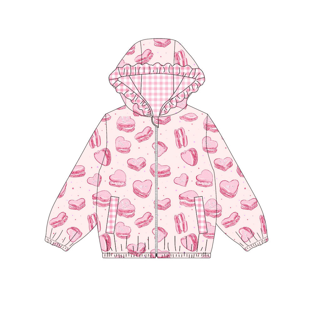 MOQ 8 preorder GT1218 Valentine's Day Love Pink Plaid Ruffle Zippy Hooded Long Sleeve Girls Top 202509