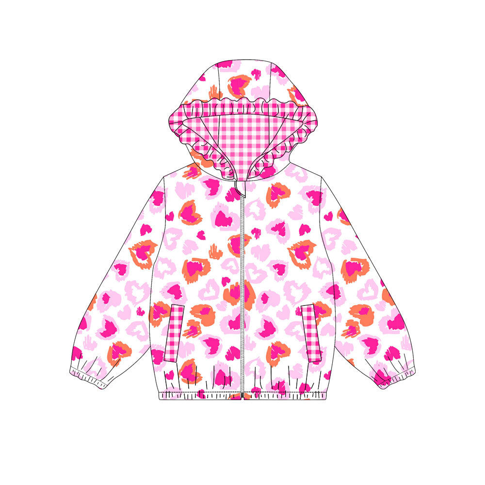 MOQ 8 preorder GT1219 Valentine's Day Love Rose Red Plaid Ruffle Zippy Hooded Long Sleeve Girls Top 202509