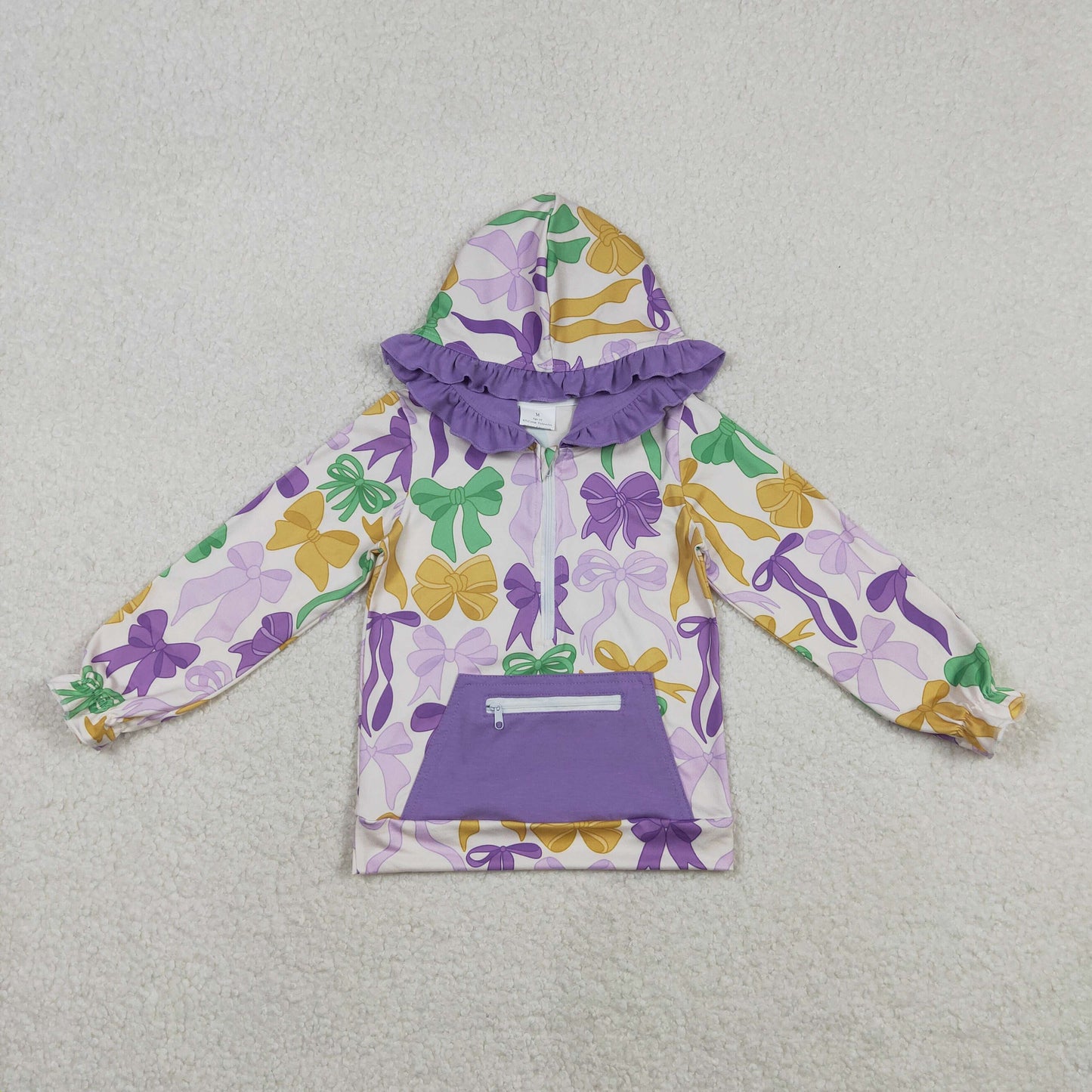 GT1222 Mardi Grass Bows Purple Ruffle Zip Collar Pocket Hooded Long Sleeve Girls Top 202511 RTS