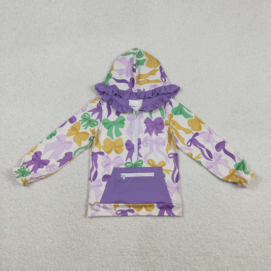 GT1222 Mardi Grass Bows Purple Ruffle Zip Collar Pocket Hooded Long Sleeve Girls Top 202511 RTS