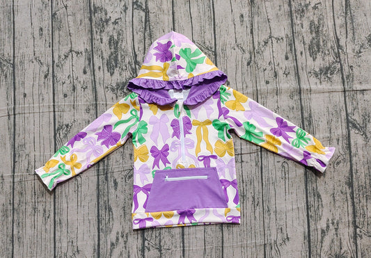 NO MOQ preorder GT1222 Mardi Grass Bows Purple Ruffle Zip Collar Pocket Hooded Long Sleeve Girls Top 202510