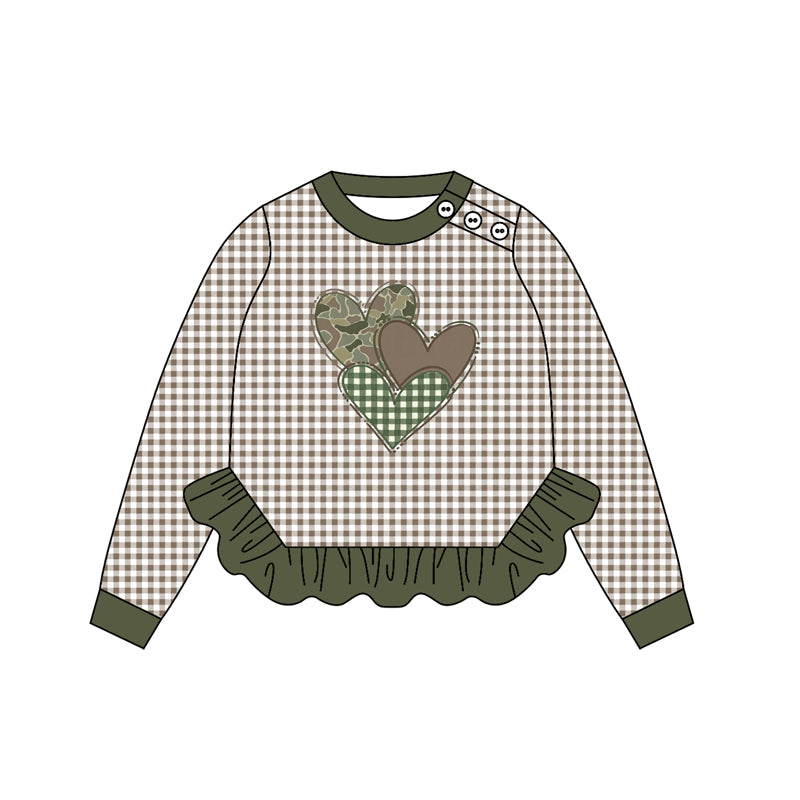 MOQ 8 preorder GT1225 Valentine's Day Love Army Green Plaid Long Sleeve Girls Top 202509