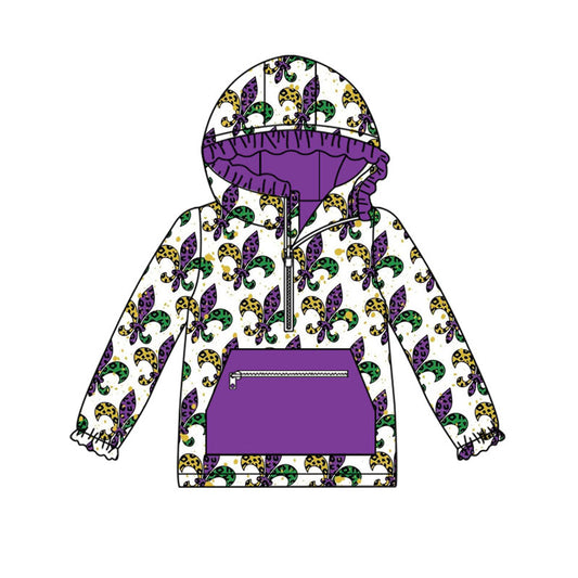 MOQ 8 preorder GT1227 Mardi Grass Purple Ruffle Zipper Collar Pocket Hooded Long Sleeve Girls Top 202509