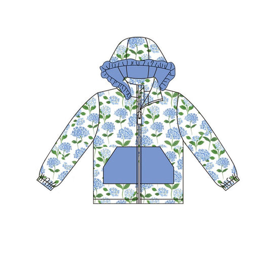 MOQ 8 preorder GT1245 Flower Ruffle Blue Pocket Zipper Hooded Long Sleeve Girls Top 202509