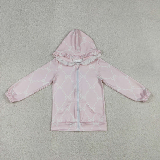 GT1246 Bows Ruffle Pink Pocket Zipper Hooded Long Sleeve Girls Top 202512 RTS