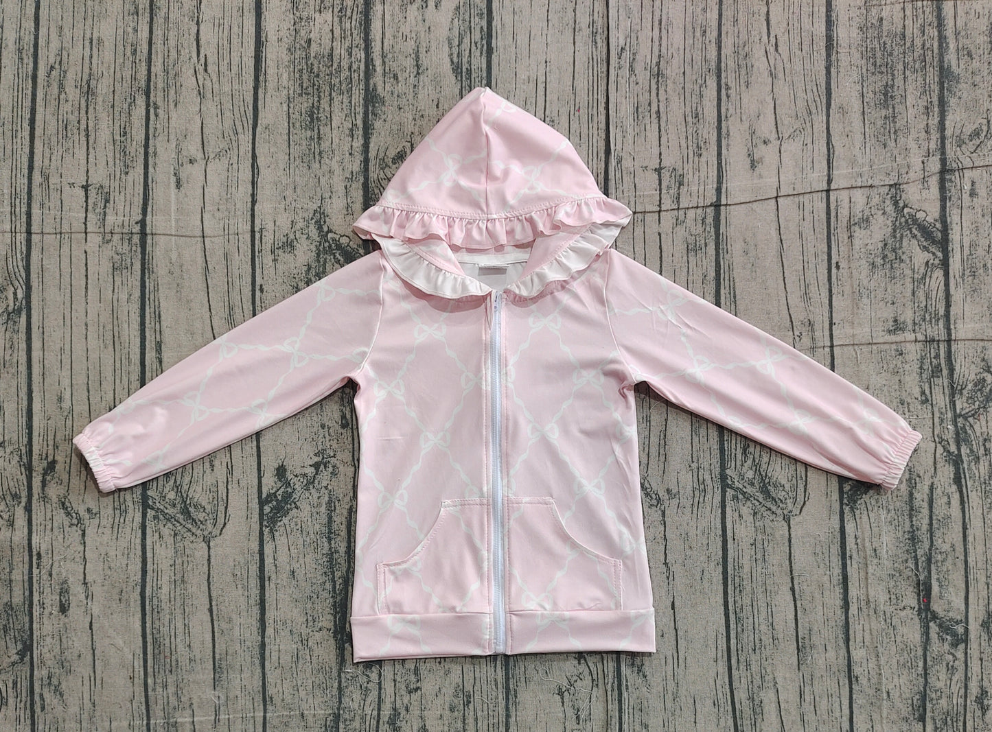 NO MOQ preorder GT1246 Bows Ruffle Pink Pocket Zipper Hooded Long Sleeve Girls Top 202511